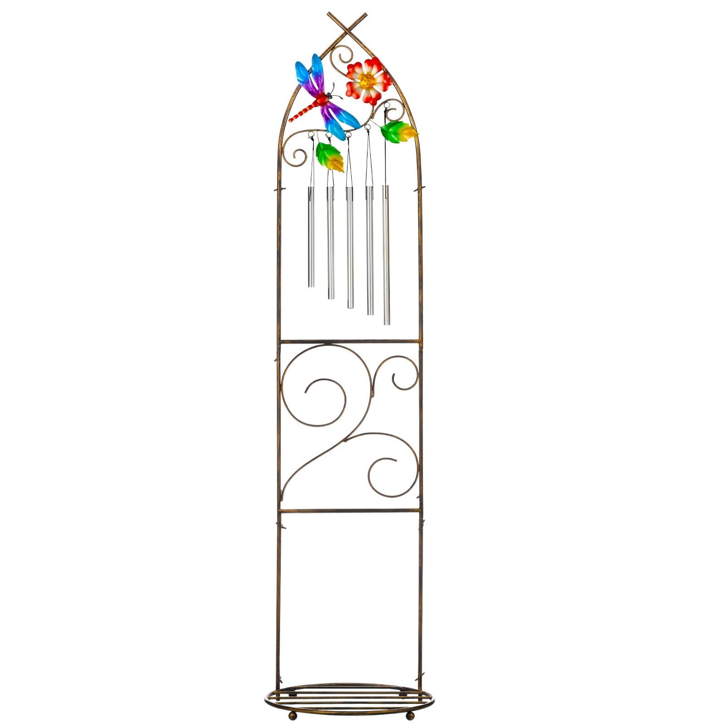 Garden Trellis with Plant Stands, 48” Metal Detachable Dragonfly Plant Pot Trellis with Wind Chimes for Climbing Plants Outdoor Lawn Patio Porches Decor