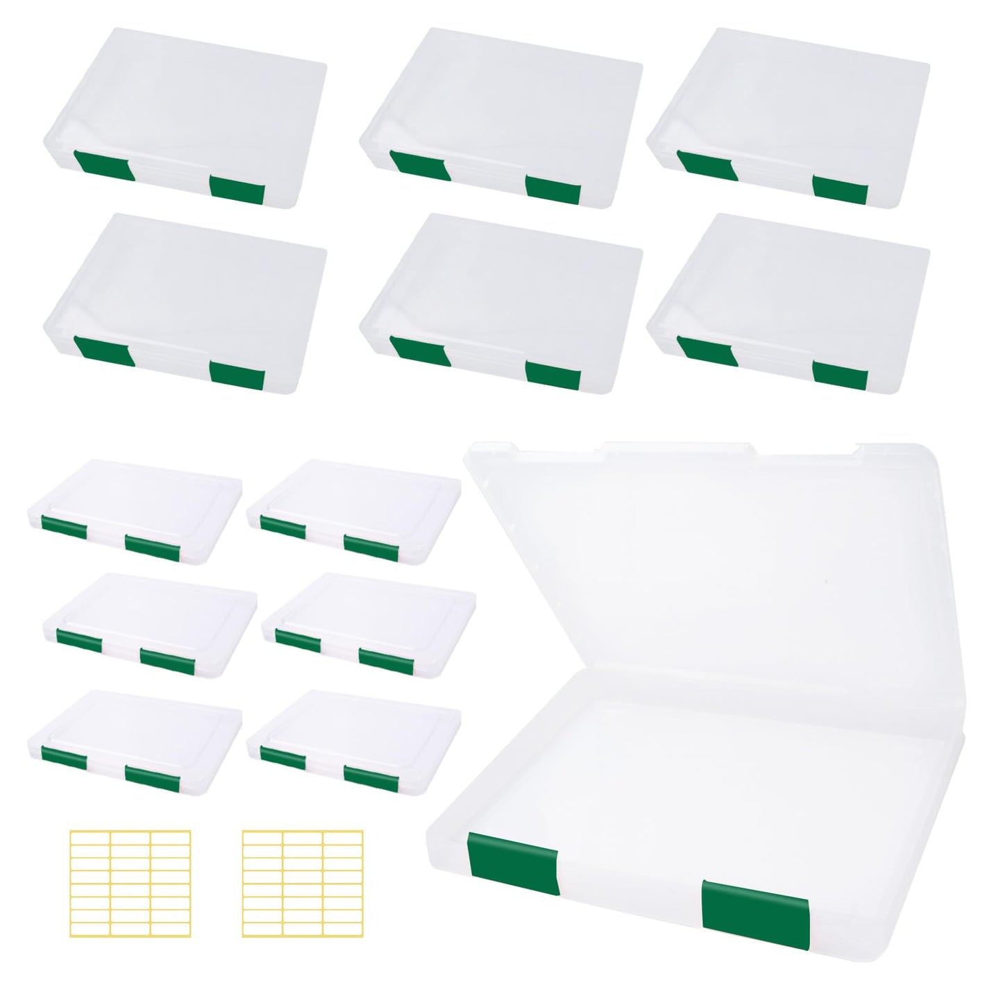 12 Pcs Clear A4 A5 File Box Document Plastic Storage Box with 48 Labels File Holder Organizer Paper Plastic Case Magazine Protector with Buckle Office School Supplies(Green)