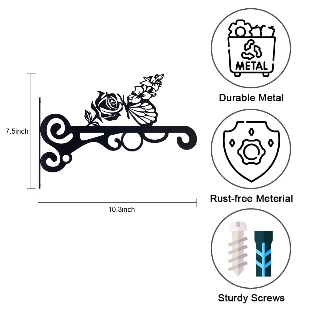 hogardeck Plant Hangers Outdoor Decor, 2 PCS 10” Metal Hanging Plant Bracket with Buttterfly and Flower for Garden Patio Yard Decor, Plant Hooks for Hanging Plants, Bird Feeder, Wind Chime, Lantern