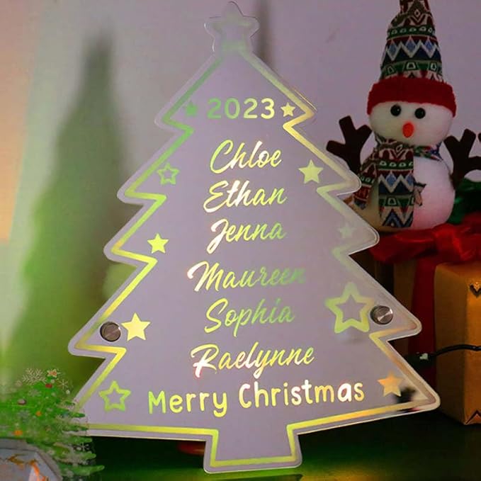 VEELU Personalized Custom Name Mirror LED Light Up, Christmas Tree Wall Decor