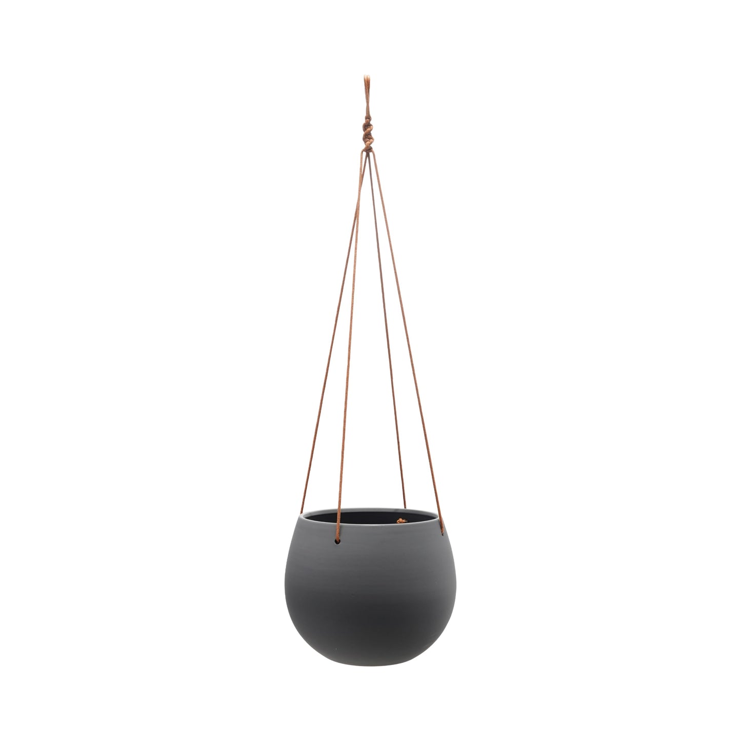 Bloomingville Hanging Stoneware Planter with Leather Rope Hanger, Latex Finish, Black