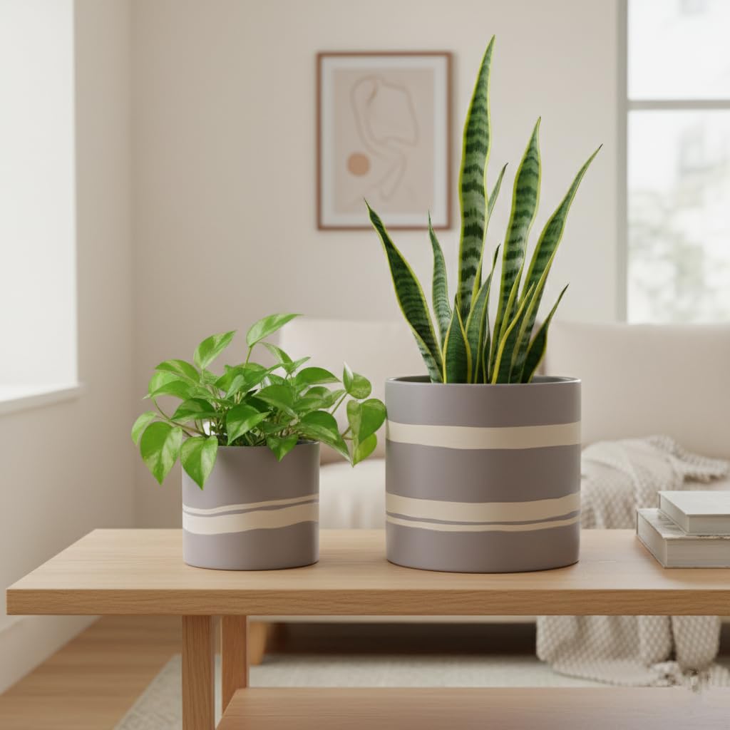 Nihow Modern Ceramic Plant Pot - 5 + 7 Inch Flower Pot for All Indoor Plants - Sturdy Planter Pots with Drainage Hole & Rubber Plugs - Semi-Matte Gray & Nature - Plants Not Included