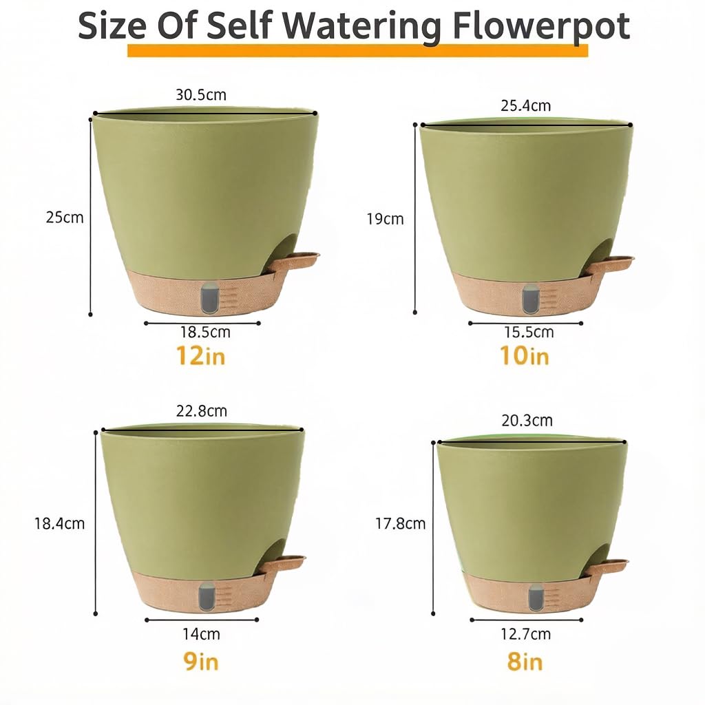 moniko Plant Pots 12/10/9/8 Inch Self Watering Pots, Plastic Flower Pots with Multi Mesh Drainage Holes and Water Level， Nursery Planting Pot for Indoor Out Door Plants（Green）