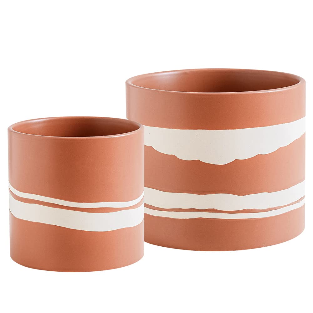 Nihow Modern Ceramic Plant Pot - 5 + 7 Inch Flower Pot for All Indoor Plants - Sturdy Planter Pots with Drainage Hole & Rubber Plugs - Semi-Matte Terracotta & Nature - Plants Not Included