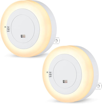 FOLKSMATE LED Night Lights Plug in, 2-Pack Dimmable Nightlight Plug Into Wall with Light Sensor, Soft White Adjustable for Adults, Bedroom, Bathroom, Livingroom