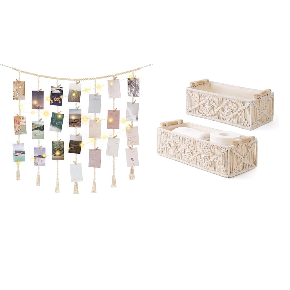 Mkono Macrame Hanging Photo Display with Lights and Macrame Storage Baskets for Bedroom, Living Room, Nursery, Dorm, Teen Girl Gifts, Set of 3