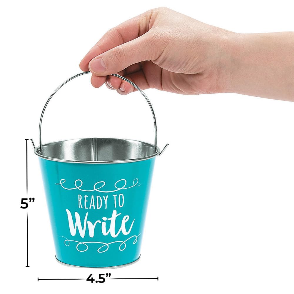 Fun Express Sharp & dull pencil holder for classroom 2 Pack Metal pail set - teacher must haves for classroom organization and storage - pencil dispenser for elementary school teacher desk accessories