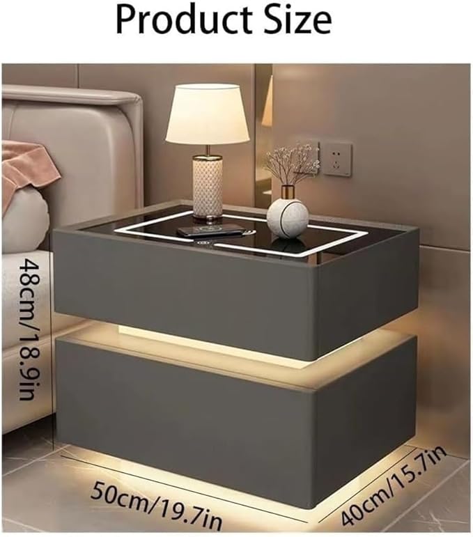 Modern Smart Nightstand with Wireless Charging with LED Sensor Light, Smart