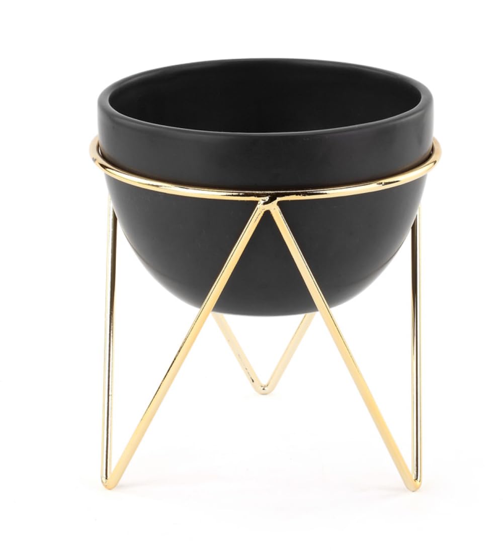 Napco Imports Indoor Outdoor House Plant Succulent Herb Flower Pot and Stand 6 x 7.5 Inch Ceramic and Metal Black Bowl