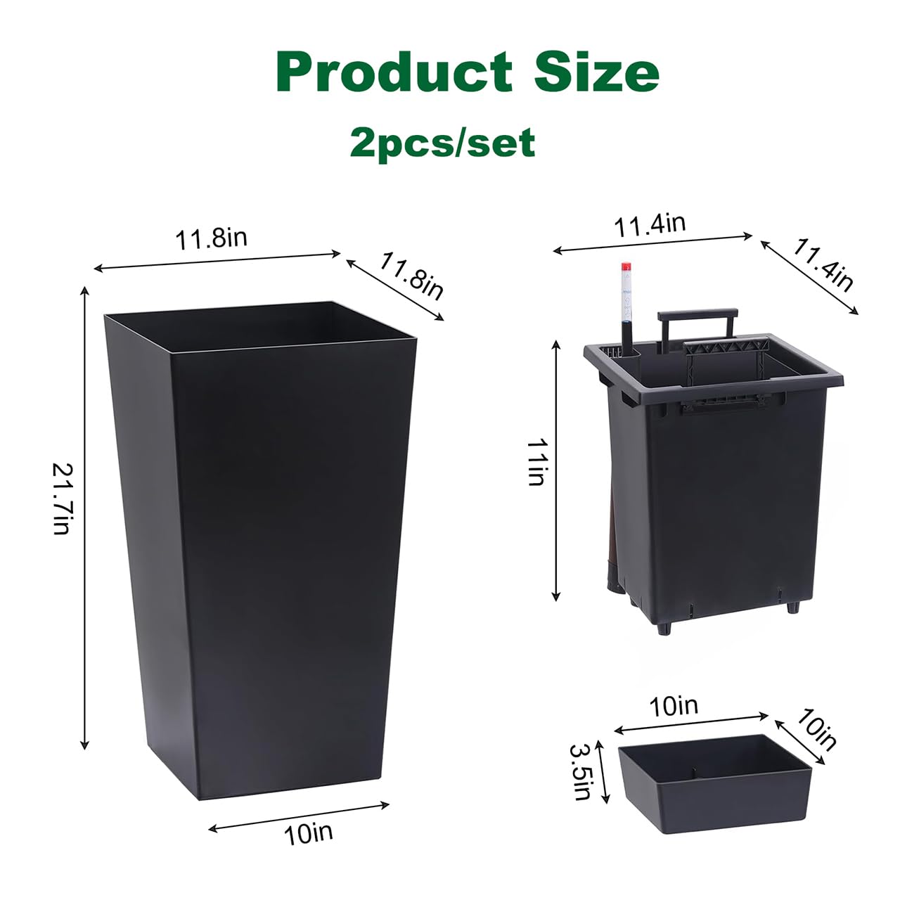 Ningering 22'' Tall Outdoor Planters Set of 2, Front Porch Planters with Drainage Holes ＆ Water Level Monitor ＆ Inner Bucket, Large Black Planter for Outdoor Indoor Plant