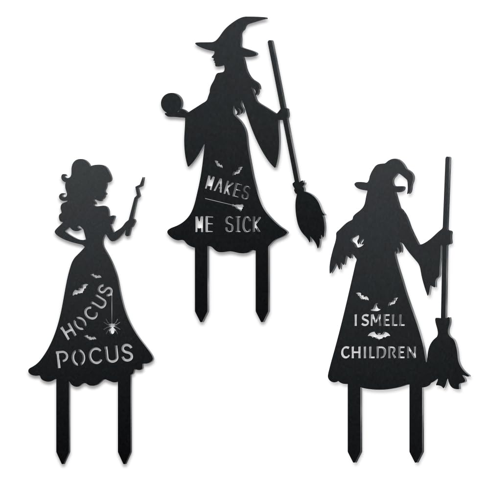 WADORN 3Pcs Halloween Witches Metal Decorative Garden Stakes, Metal Halloween Silhouette Yard Signs Hocus Pocus Garden Scary Ornament Sign for Garden Outdoor Backyard Patio Lawn Holiday Party Decor