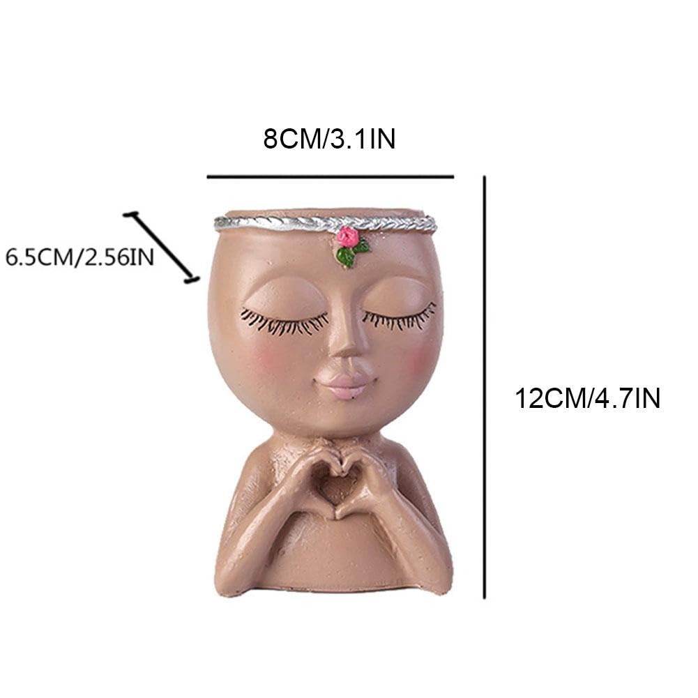 Face Planter Pot with Heart Hands, Unique Resin Head Planter for Indoor Plants, Cute S-ucculent Pots with Drainage Hole, Decorative Makeup Brush Holder for Vanity, for Women