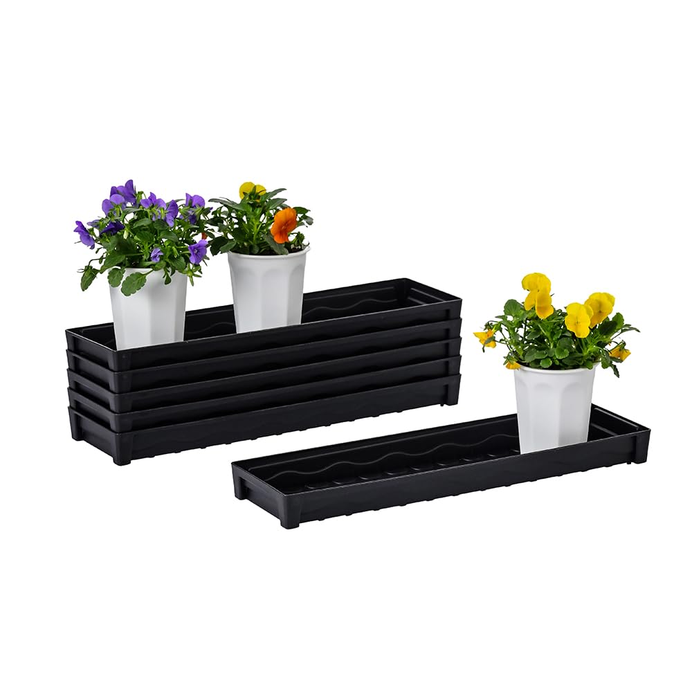 BangQiao 6 Pack 16.20 Inch Black Plastic Decorative Rectangular Planter Pot Saucer Drip Tray with Removable Drain Plug for Windowsill, Shelf, Tabletop, Kitchen, Balcony, Small Potted Plant