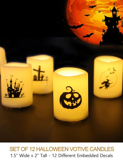 HOME MOST Set of 12 Halloween Votive Candles Battery Operated (White Body, Warm White Flicker) - Flameless Unscented Candles with Halloween Decals - LED Flickering Flameless Votive Candle