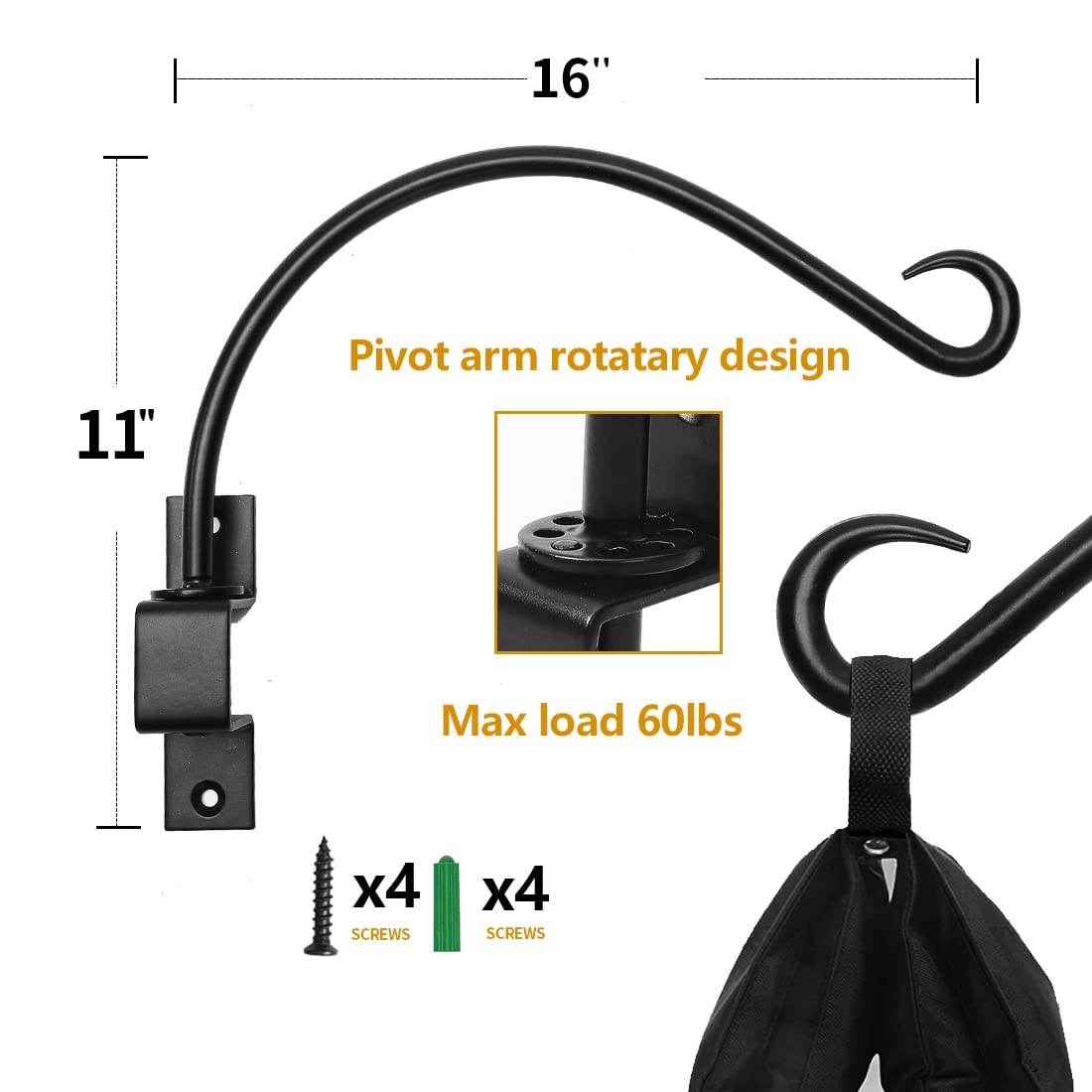 Maosen 16 Inch Swivel Plant Hangers Outdoor - 2 Pack Black Iron Plant Hanging Hook Bracket for Flowers Baskets Planter Pots Bird Feeder Lanterns Wind Chimes