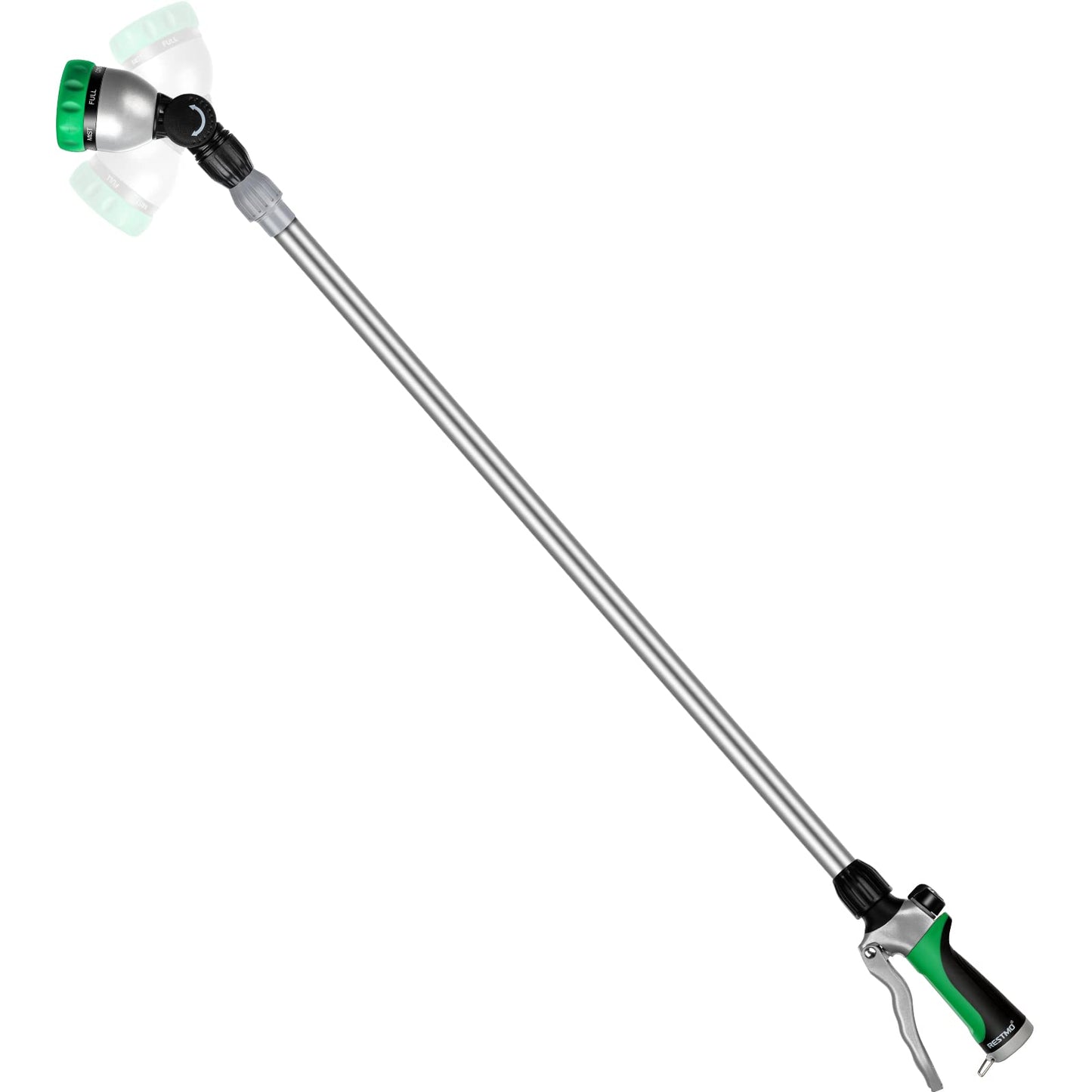 RESTMO 36”-60” Metal Watering Wand, Long Telescopic Tube | 180° Adjustable Ratcheting Head | 7 Spray Patterns | Flow Control, Perfect Garden Hose Sprayer to Water Hanging Baskets, Shrubs, Green
