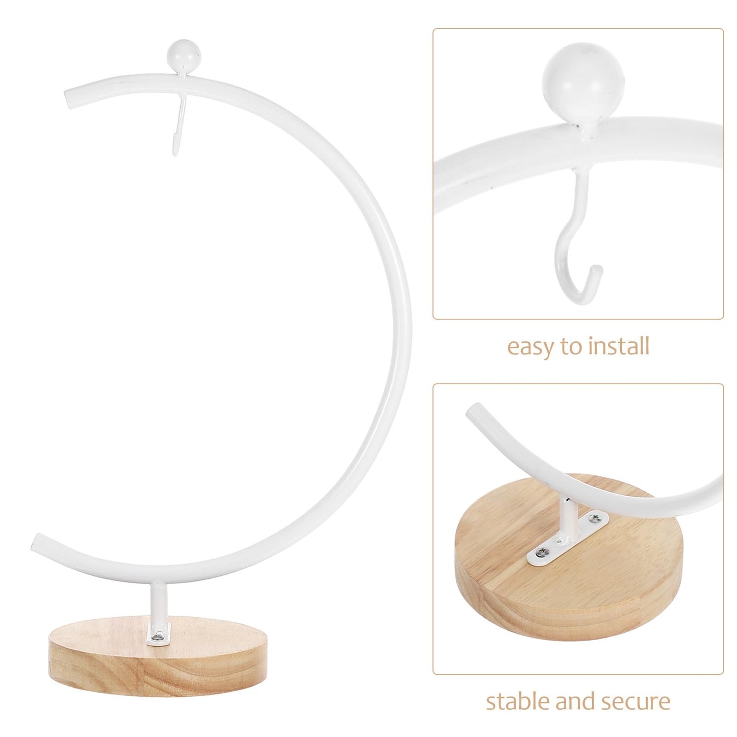 ERINGOGO G-shaped Hanging Ornament Display Stand with Wooden Base Metal Hook Rack for 12-20cm Glass Ball Terrariums Indoor Air Plant Holder Home Decor