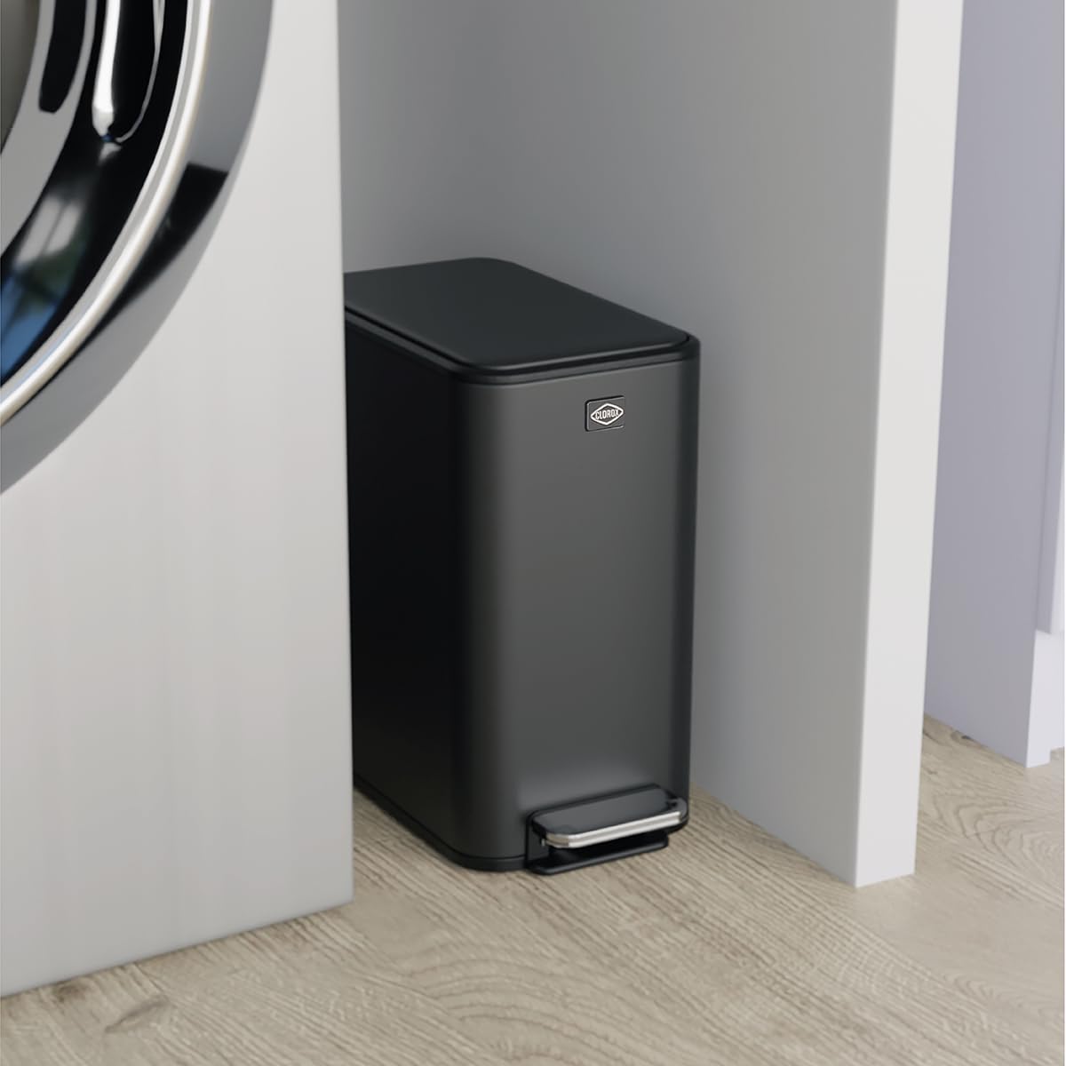 Clorox Slim Trash Can - 2.6 Gallon (10 Liter) Small Metal Trash Can with Soft Close Lid, Step Pedal, Removable Bucket - Black Stainless Waste Bin for Narrow Spaces, Bathroom, and Office