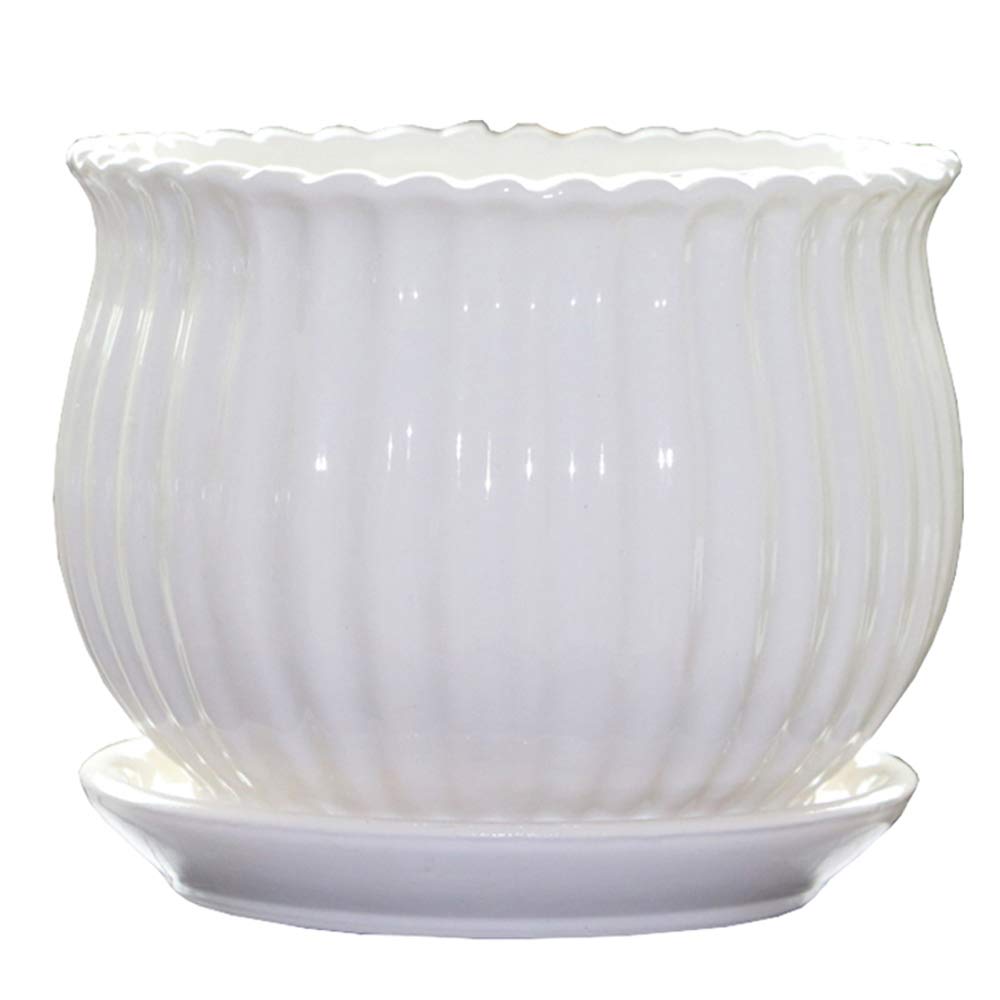 Yesland Ceramic Flower Plant Pots with Saucer, Set of 3 in Different Sizes, Modern Round Ceramic Succulent Planter Pots with White Stripe Texture for Garden