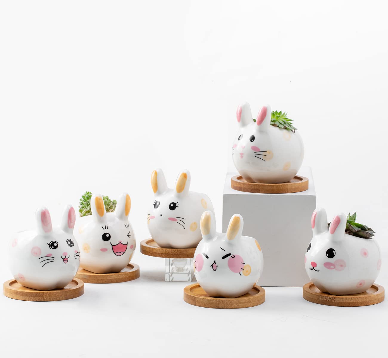 3.6 inch Mini Pots for Small Succulant Plant Ceramic Animal Succulent Planter with Drainage and Bamboo Tray for Easter Bunny Rabbit Gift Lovers (Cute Bunnies)