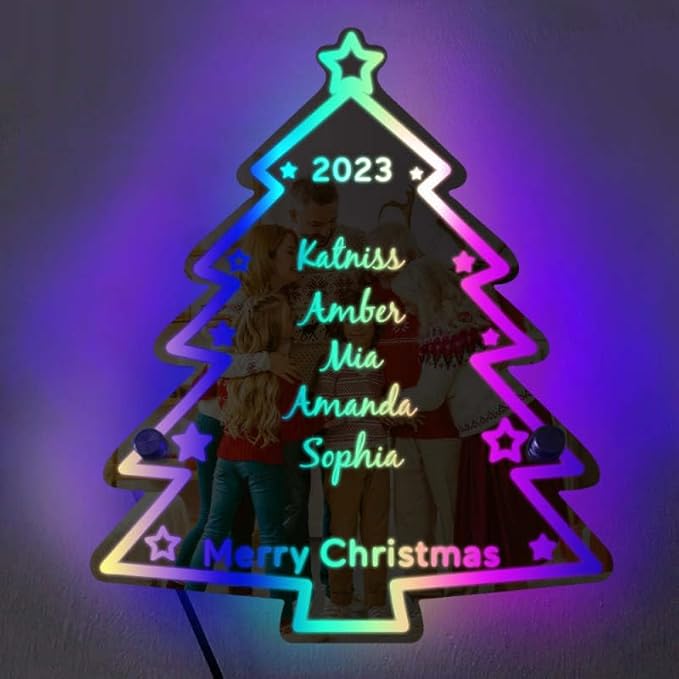 VEELU Personalized Custom Name Mirror LED Light Up, Christmas Tree Wall Decor