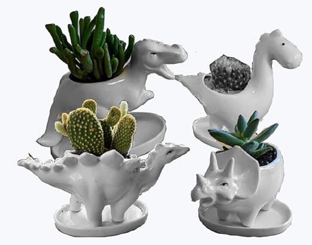 zmgmsmh Ceramic Succulent Plant Pot Cactus Plant Pot Flower Pot Container Planter with Drainage Hole Home Office Desk Garden Gift Idea Animal Shaped Flower Pot Cute Vase Pot (4pcs Dinosaur)