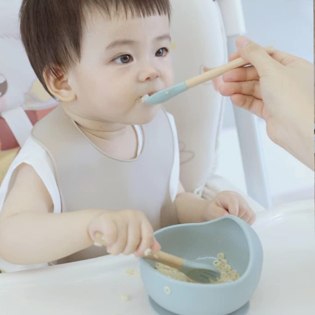 Ginbear Baby Bowls with Suction, Silicone Bibs, Self Feeding Spoons, Led Weaning Supplies, Toddler Eating Set for Ages 6 Months+ (Almond)