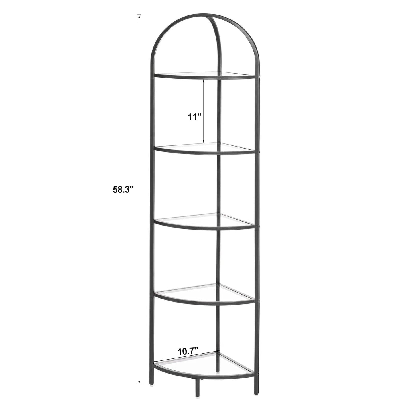 Homhedy 5-Tier Corner Shelf Stand, Metal Corner Bookshelf, Tempered Glass Shelves, Bathroom Storage Rack Shelf, Plant Stand, Modern Style, Black