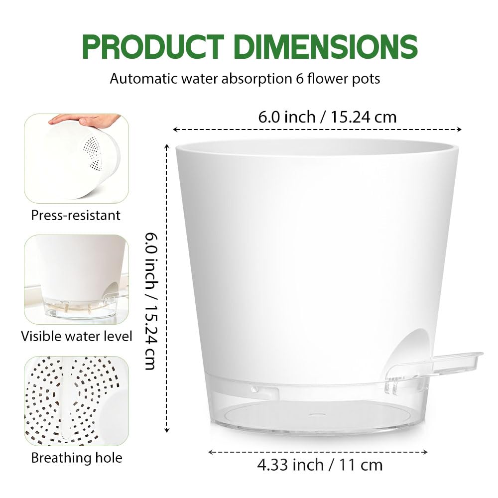 KEETUMOOD Self Watering Pots for Plants, 2026 New Flower Plant Pots with Drainage Holes, Wicking and Clear Reservoirs for Succulent, Aloe, Cacti and Others - 6 Pack (White, 6")