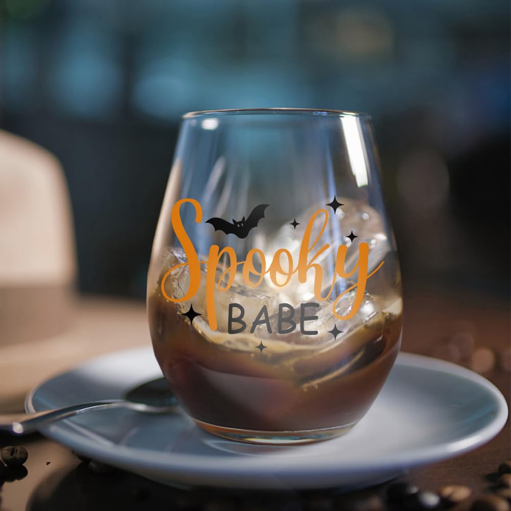 DYJYBMY Spooky Babe Halloween Stemless Wine Glass With Gifts Box, Funny Thanksgiving Halloween Gifts For Confidante Family Bestie Coworkers Men Women Friends, Clear Stemless Wine Tumbler For Couple