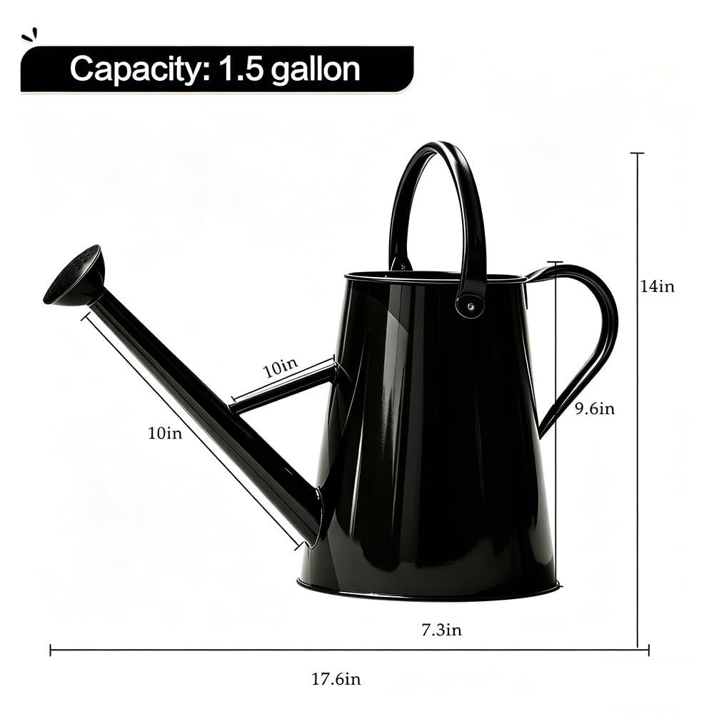 SunnyTong Metal Watering Can for Outdoor and Indoor Plants, Watering Can Decor, 1.5 Gallon（Black）