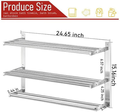 Towel Rack with Shelf 24 inch, 3 Tier Towel Racks for Bathroom Wall Mounted, Stainless Steel Bathroom Shelf with Double Towel Bars, Hotel Bath Towels Storage, Brushed Nickel