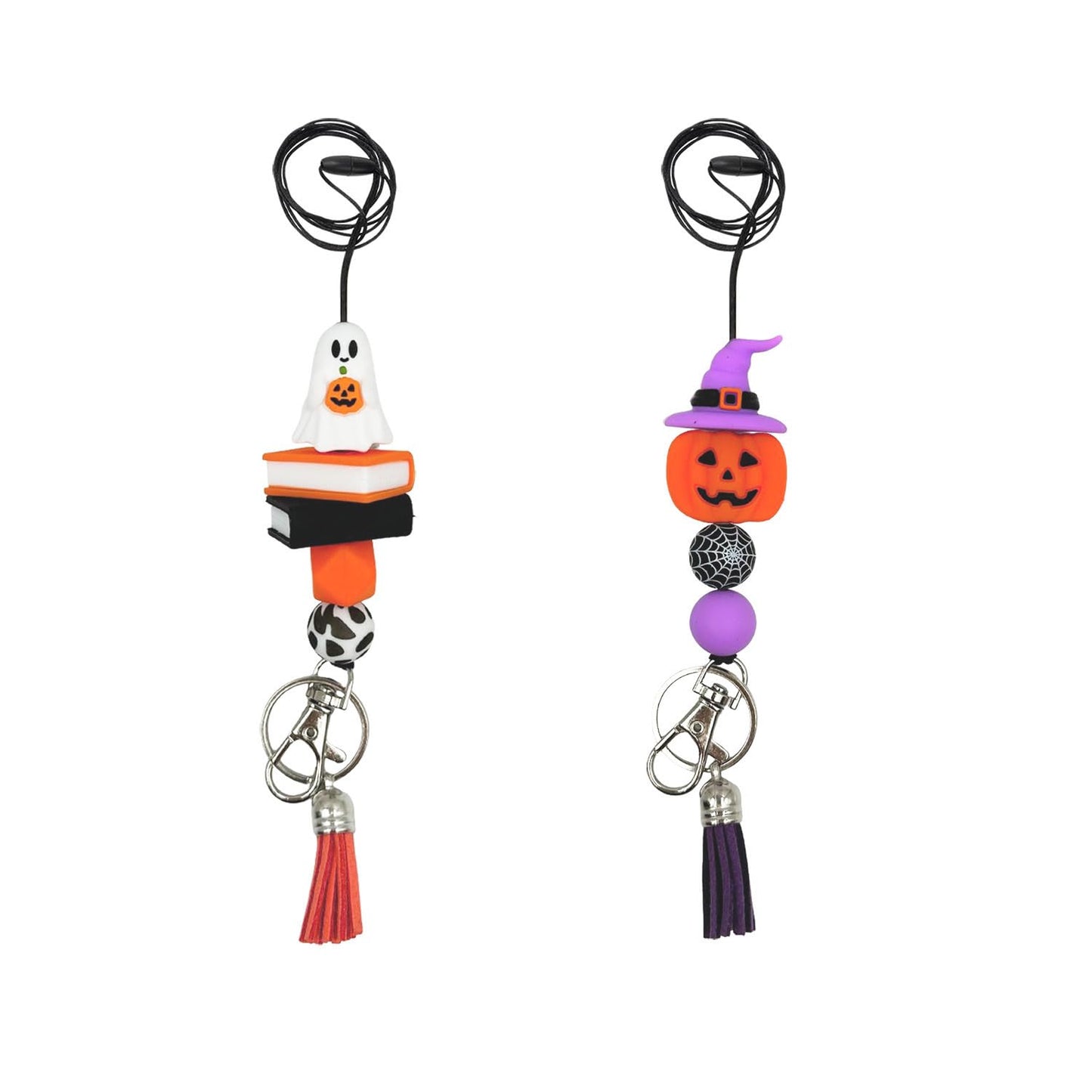 Halloween Teacher Lanyard Fall Pumpkin Ghost Badge Holder with Tassel Cute Silicone Beads Breakaway ID Lanyard for Women