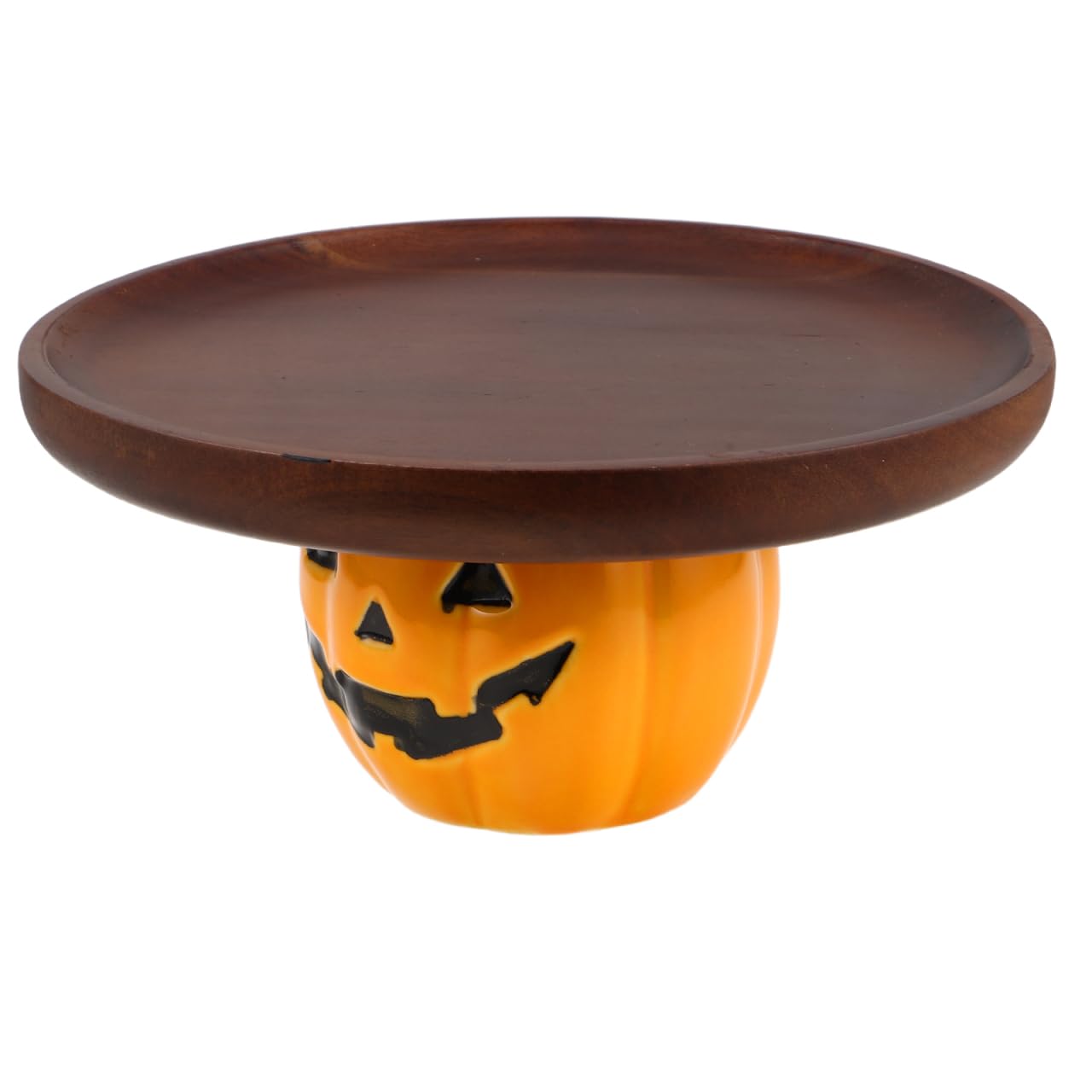 STOBAZA Halloween Pumpkin Serving Tray Rustic Wooden Dessert Platter with Ceramic Stand for Party Snacks Bread Candy Display 8.46X8.46X3.94 Inches