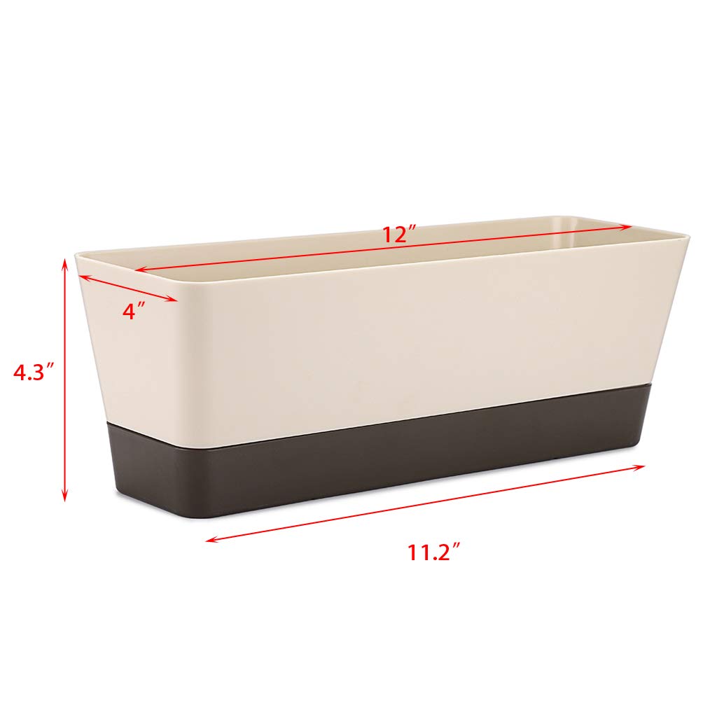 Skelang 3 Pcs Rectangular Plant Pot, 12" Watering Container with Drainage Hole, Window Planter Box with Saucer for Succulents, Flowers, Indoor Plants, African Violets
