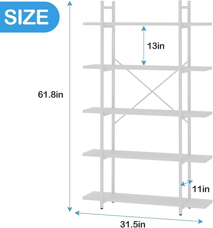 Bookshelf 5 Tiers White Wooden Storage Shelf, Modern Open Display Storage