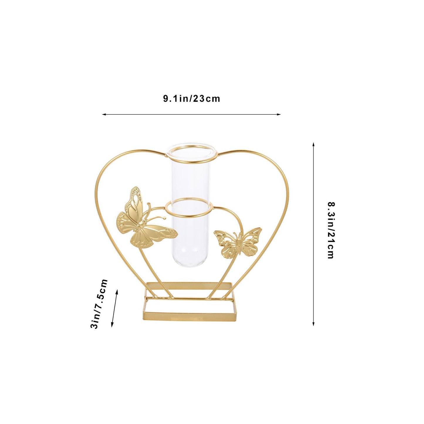 Uonlytech Metal and Glass Hydroponic Flower Vase with Butterfly Motif, Heart-Shaped Terrarium Ornament for Home Décor, Desktop Plant Holder for Living Room and Wedding Decorations