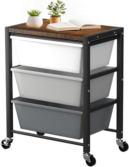 Rolling Cart with 3 Drawers, Plastic Drawer Storage Carts with Lockable Wheels & Wooden Tabletop, Metal Utility Cart Organizer, Office Bedroom Classroom Craft Organization and Storage, Dark Grey