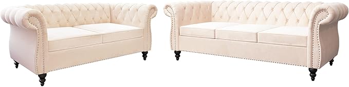 ORRD 2 Piece Living Room Set, Velvet Chesterfield Sofa Loveseat Couch