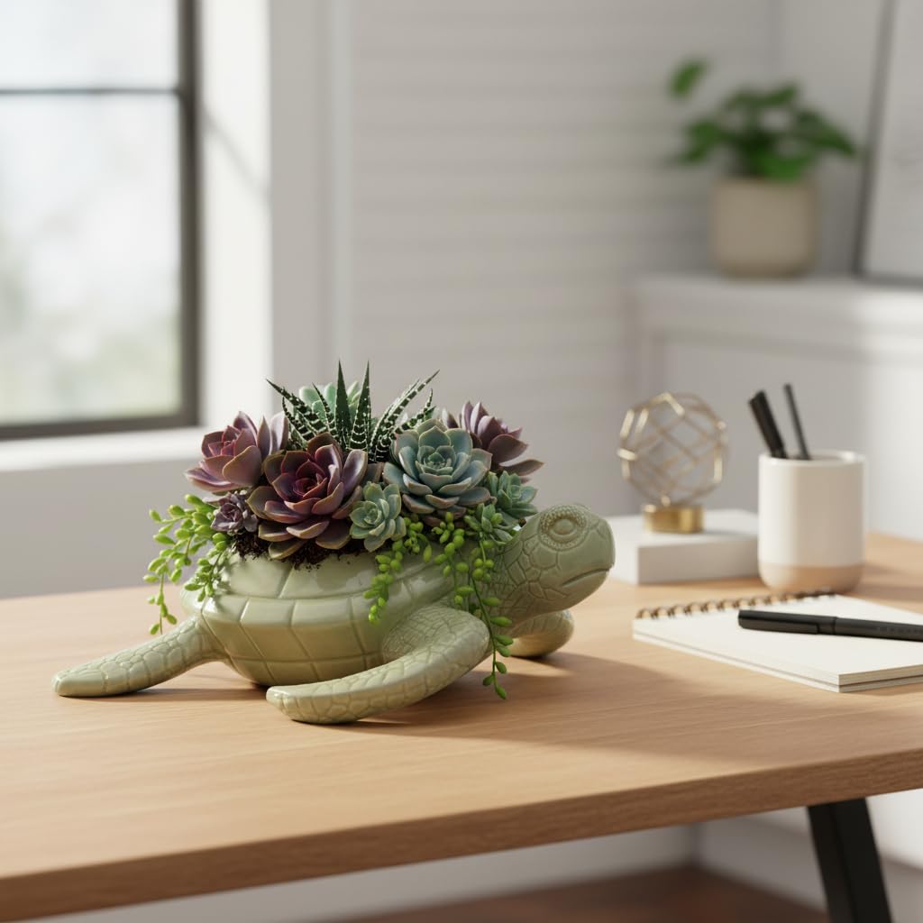 Comfy Hour 9" Sea Turtle Succulent Planter, Decorative Ceramic Turtle Flower Pot for Cactus and Small Plants, Ocean Theme Indoor Outdoor Tabletop Display, Palegreen Dolomite, 1 Unit