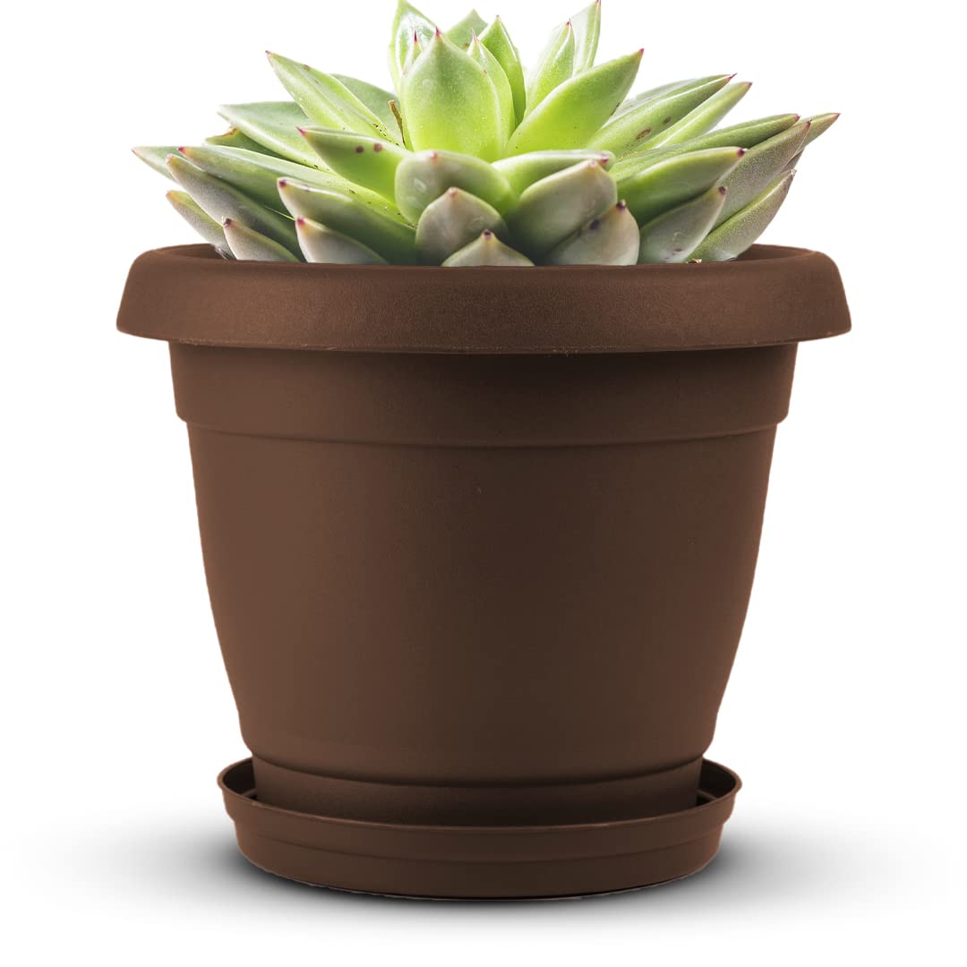 Cubiark Garden 2 pcs 8 Inch Planter Pot with Tray & Drainage, Indoor Plant Pots, Textured Finish, Outdoor Plastic Plant Pot for Porch, Patio, Deck & Balcony (Brown)