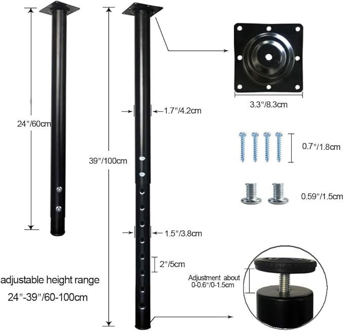 QLLY 24-40 inch Adjustable Metal Table Legs, Heavy Duty DIY Desk Legs