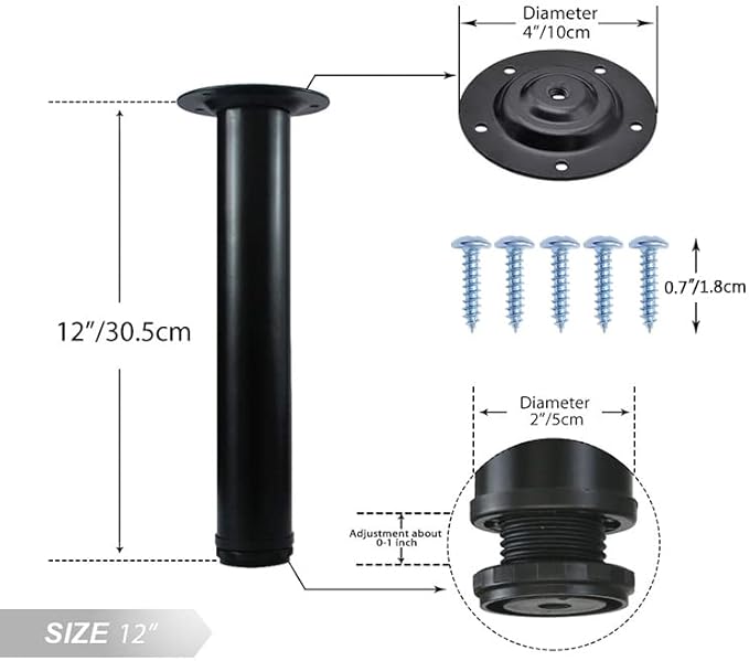 QLLY 12 Inch Adjustable Metal Coffee Table Legs, Heavy Duty Round Furniture Legs
