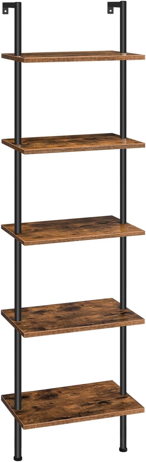 HOOBRO DIY Ladder Shelf, 5-Tier Wooden Wall Mounted Bookshelf, Narrow Bookcase