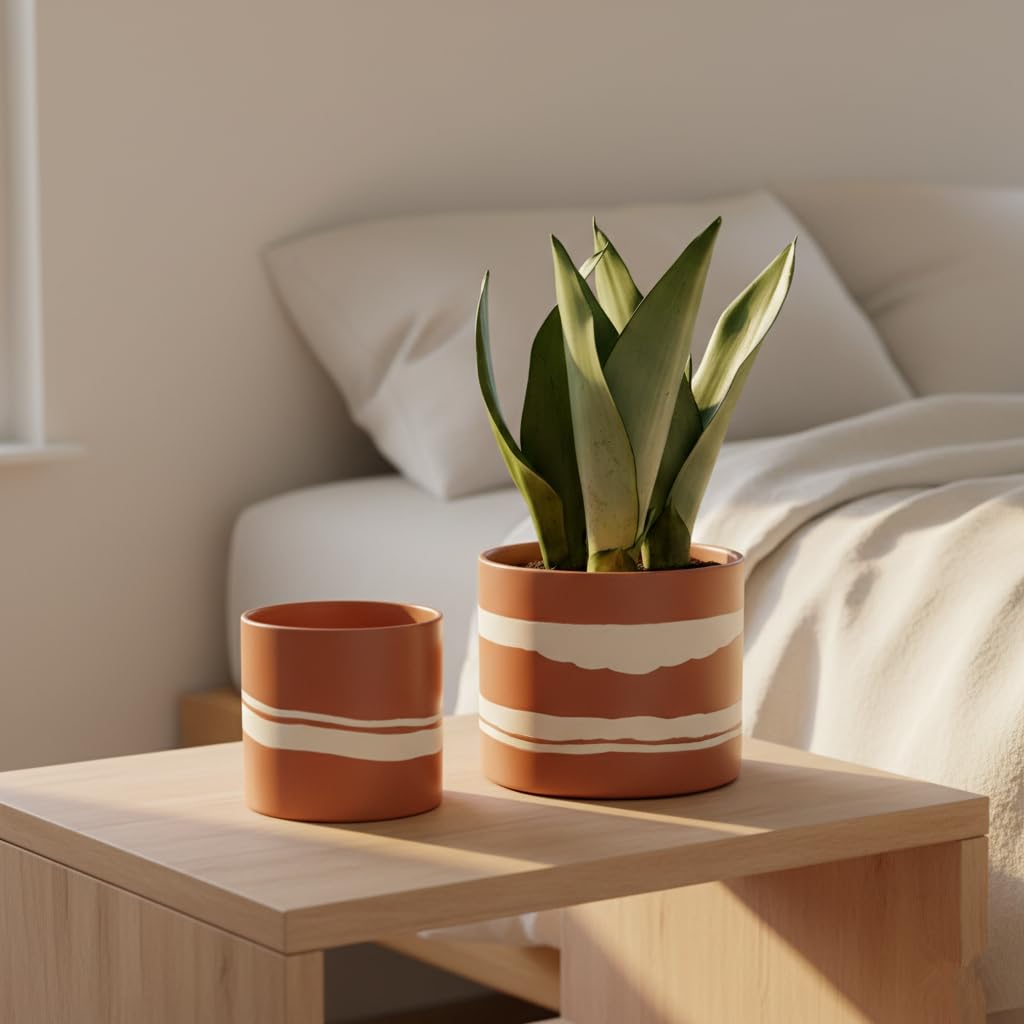 Nihow Modern Ceramic Plant Pot - 5 + 7 Inch Flower Pot for All Indoor Plants - Sturdy Planter Pots with Drainage Hole & Rubber Plugs - Semi-Matte Terracotta & Nature - Plants Not Included