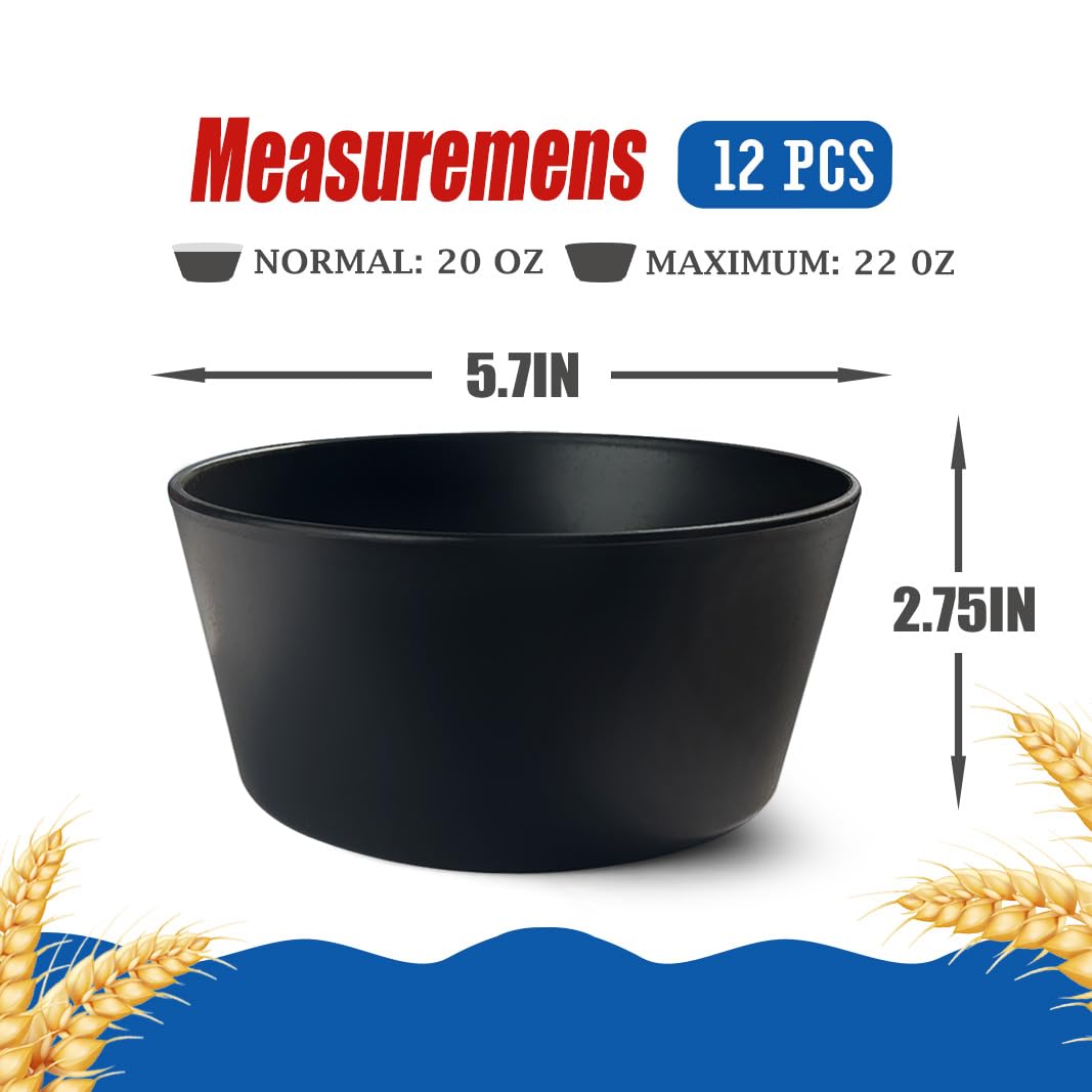 Teivio 12-Piece Wheat Straw Bowls Sets, Plastic Kitchen 22oz Cereal Bowls Set of 12,Unbreakable Reusable Fruit/Salad/Soup Bowls, Dishwasher Safe, for Camping RV Apartment Essentials, Black