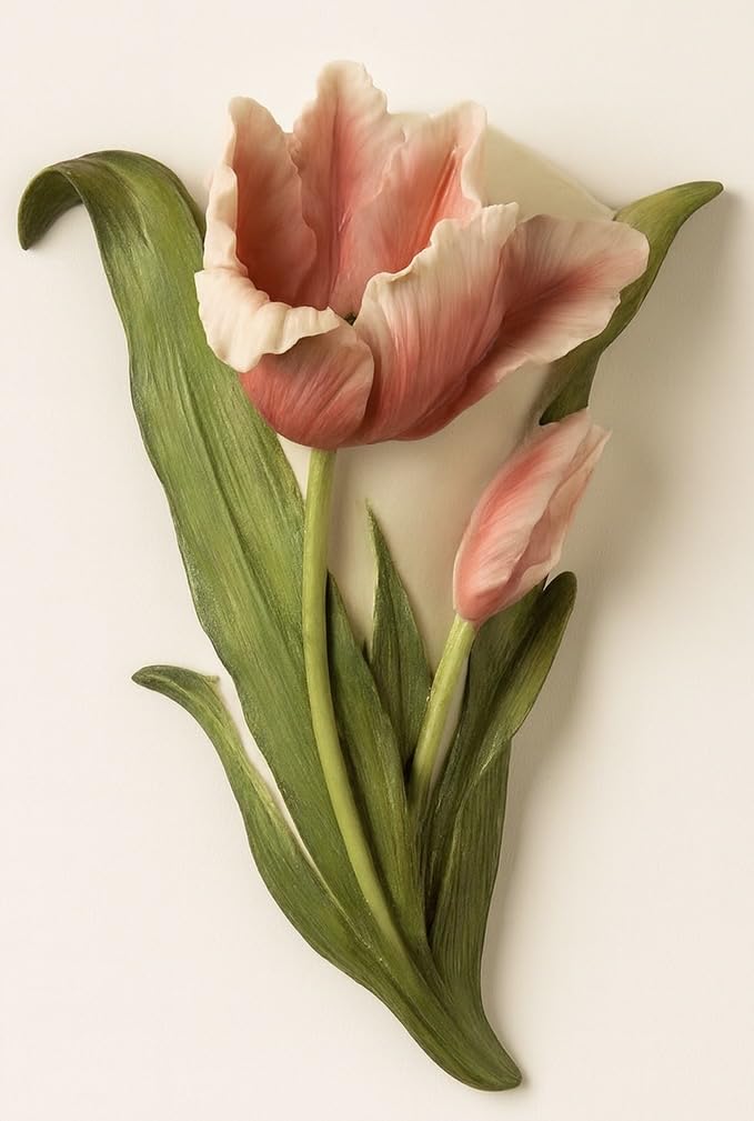 Pink Tulip Wall Vase Planter, Hand-Painted Bonded Marble, 7 x 3.5 Inch, Waterproof Pot, Indoor Floral Sculpture, Flat Wall Mounted Vase for Flowers Caddy for Glasses or Rosary from SassyXpressions