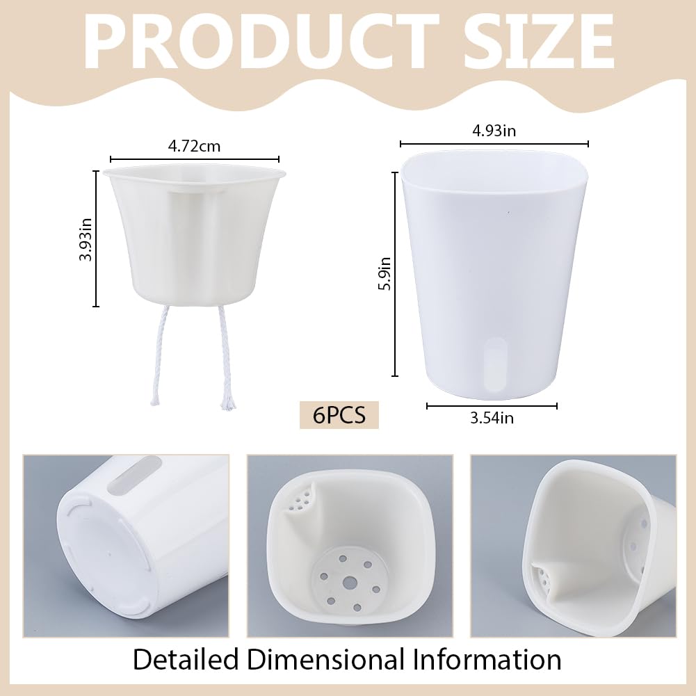 Doodlream 6 Kits Self Watering Pots for Indoor Plants, 4.93inch White Plastic Self Watering Planters for Herbs Succulents, Garden Decorative Flower Pots with Water Visual Window, Water-Absorbing Rope