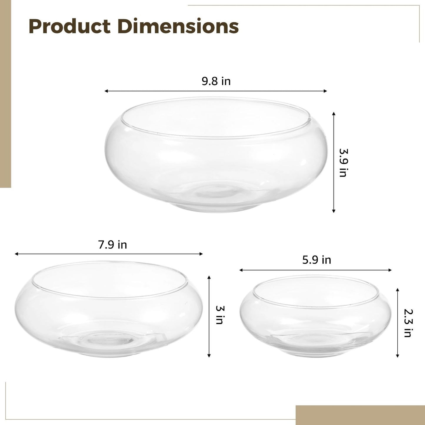 3 PCS Round Glass Vase Bowl, 6"/ 8"/10" Wide Mouth Round Glass Bowls, Succulent Planters, Fish Tank, Bubble Vases, Floral Decor Centerpieces, Flower Pots for Home Decoration (3PCS)