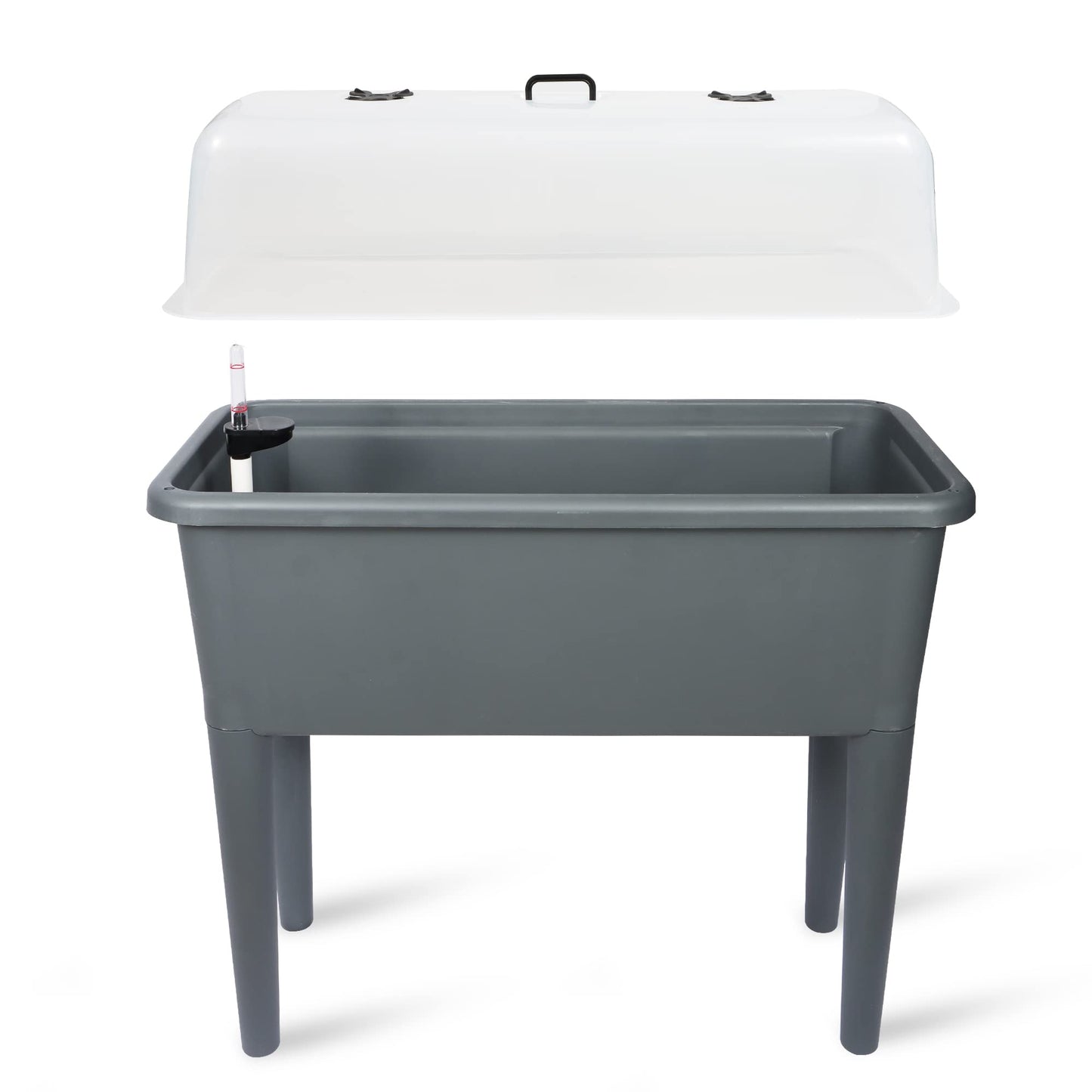 Dexceder 13.2 Gallon Self Watering Raised Garden Bed with Ventilation Transparent Lid Greenhouse, Deepen Vegetable Flower Box Planter Pot with Removeble Legs & Water Level Indicator (Deep Gray)